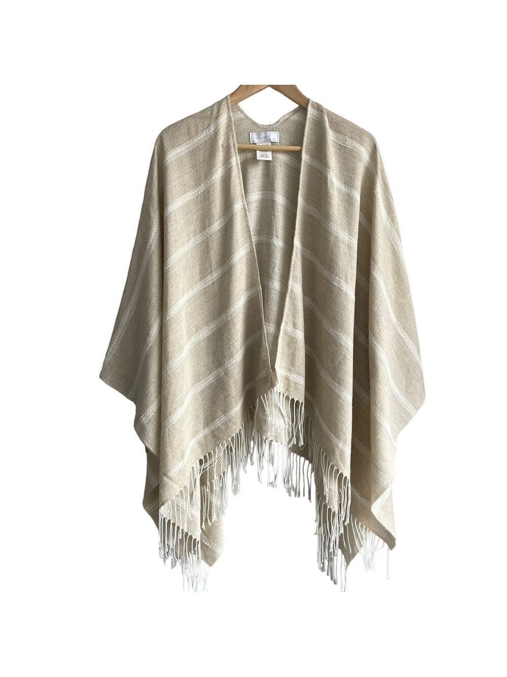 Zighilli Coastal Fringe Wrap Women’s O/S Beige White Striped Shawl Boho Beachy